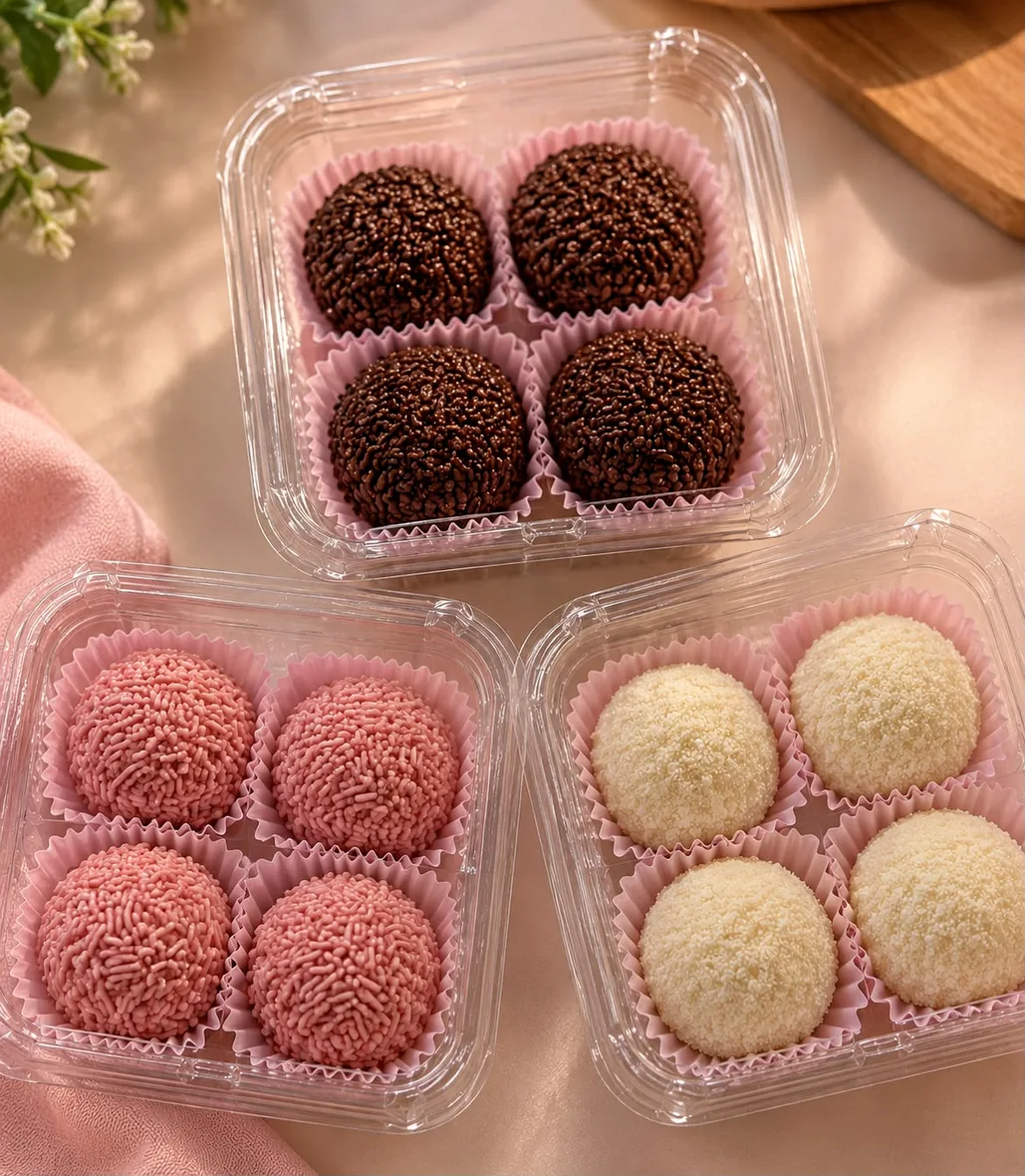 Caixas com brigadeiros artesanais de chocolate, Ninho e rosa